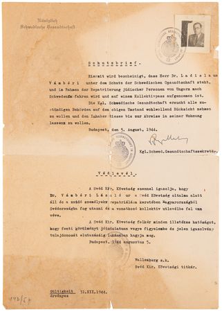 Lot #7022 Raoul Wallenberg 'Schutzbrief' Document Signed, Saving a Hungarian Jew During World War II, with Jewish Badge Exemption Document and Residency Permit - Image 1