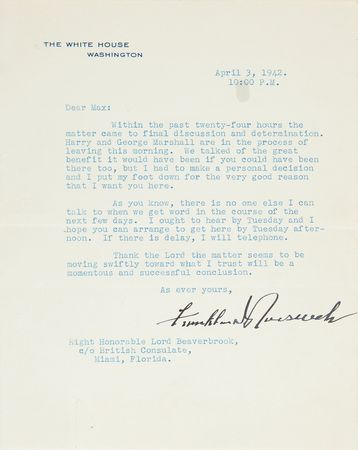 Lot #7012 Franklin D. Roosevelt World War II-Dated Typed Letter Signed to Lord Beaverbrook, Committing to Opening a Second Front Against Nazi Germany - Image 1