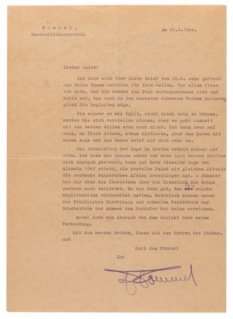 Lot #7021 Erwin Rommel World War II-Dated Typed Letter Signed, Enclosing a Report on His Near-Fatal Wound and Alluding to Patton's Liberation of Paris - Image 2