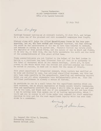 Lot #7014 Dwight D. Eisenhower World War II-Dated Typed Letter Signed on the 