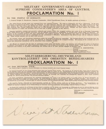 Lot #7013 Dwight D. Eisenhower Signed Broadside of Proclamation No. 1, Issued in Occupied Germany during World War II: 