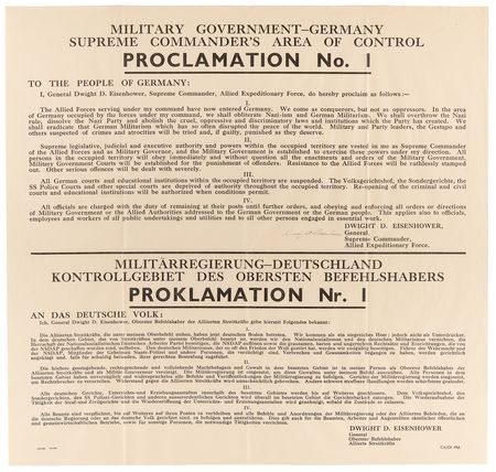 Lot #7013 Dwight D. Eisenhower Signed Broadside of Proclamation No. 1, Issued in Occupied Germany during World War II: 