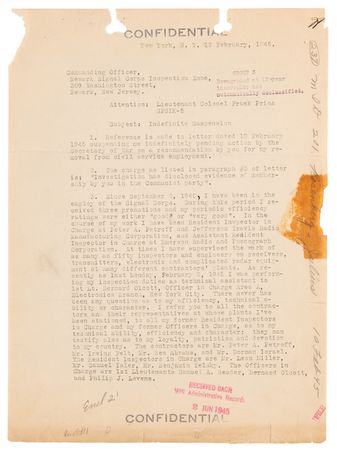 Lot #7102 Julius Rosenberg Document Signed on His Signal Corps Suspension - America's Most Notorious Spy Claims 