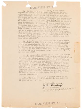 Lot #7102 Julius Rosenberg Document Signed on His Signal Corps Suspension - America's Most Notorious Spy Claims 