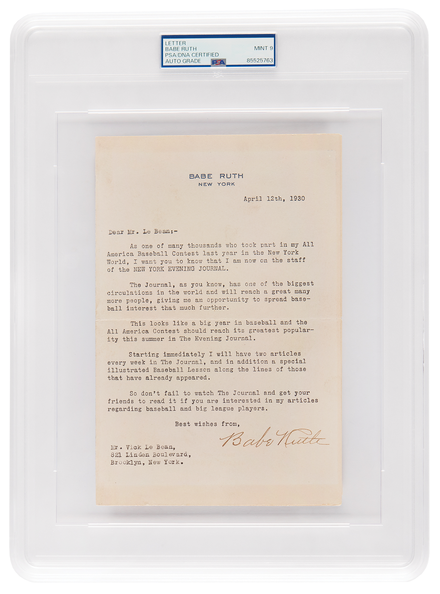 Babe Ruth Typed Letter Signed on His Newspaper Column: