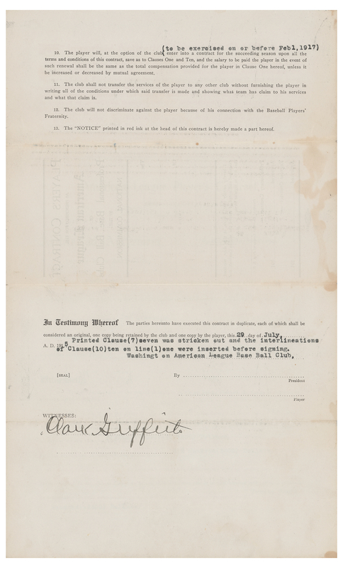 Lot 711 Clark Griffith Signed Contract