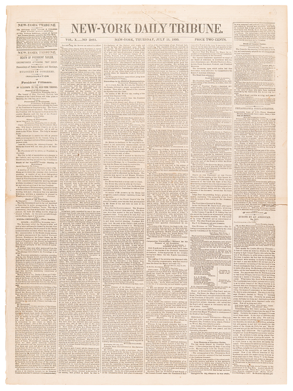 Lot 78 Zachary Taylor's Death and Inauguration of Millard Fillmore: New York Daily Tribune from July 11, 1850