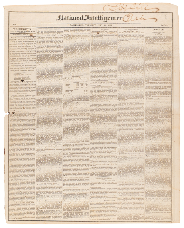Lot 79 Zachary Taylor's Death and Inauguration of Millard Fillmore: Washington Intelligencer from July 11, 1850