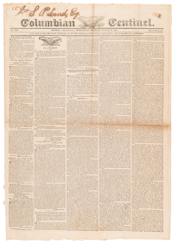 Lot 57 James Monroe's Inauguration: Colombian Centinel from March 14, 1821