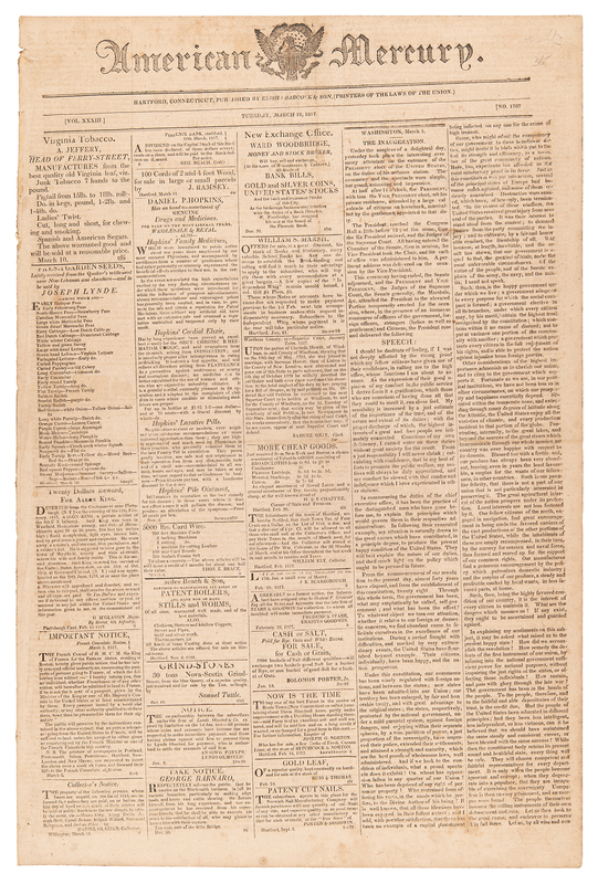 Lot 56 James Monroe: American Mercury from March 18, 1817, with a Full Transcript of Madison's Inaugural Address