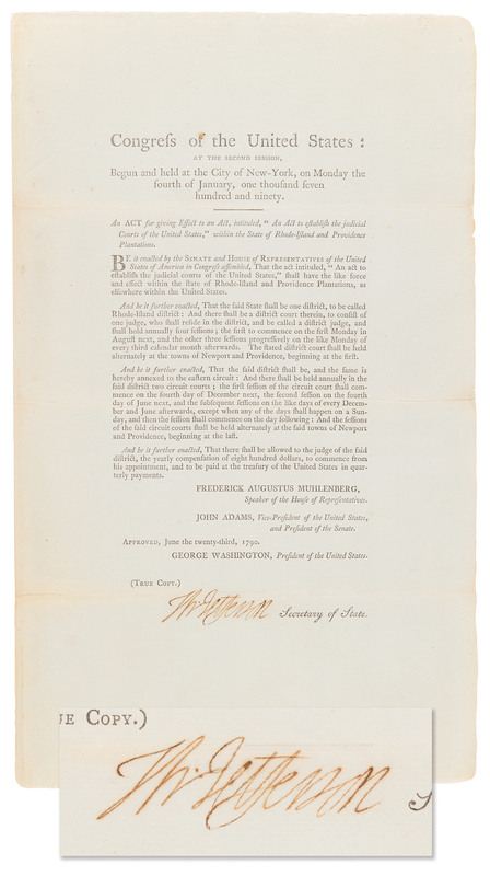 Lot 2 Thomas Jefferson Document Signed as Secretary of State - Act of Congress Organizing Rhode Island's US District Court