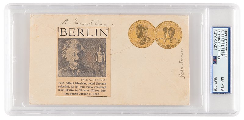 Lot 118 Albert Einstein Signed 'Light's Golden Jubilee' Air Mail Cover - PSA NM-MT 8