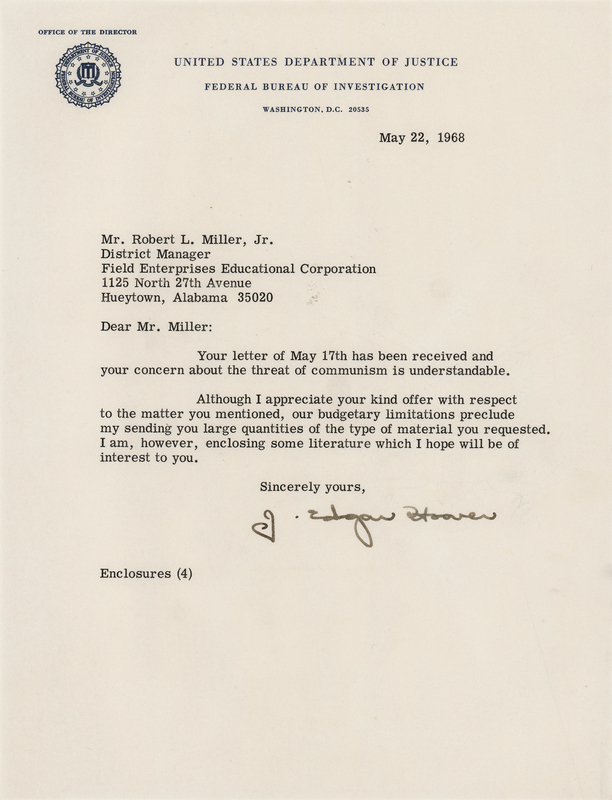 Lot 175 J. Edgar Hoover Typed Letter Signed: 