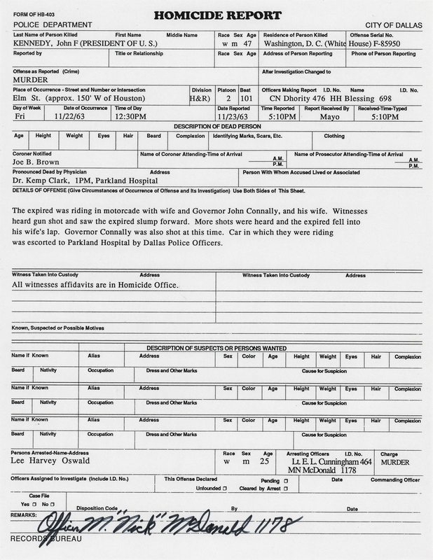 Lot 183 Kennedy Assassination: Maurice 'Nick' McDonald Signed Homicide Report