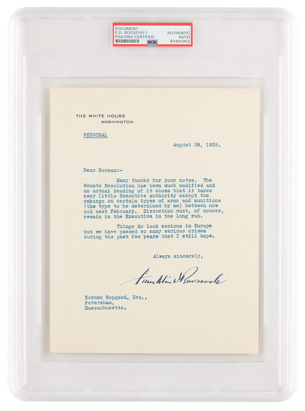 Lot 15 Franklin D. Roosevelt Typed Letter Signed as President, Three Days Before the 1935 Neutrality Act: 