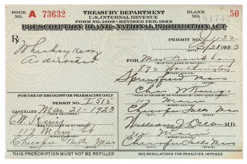 Lot 213 Prohibition: 1923 Liquor Prescription for Whiskey