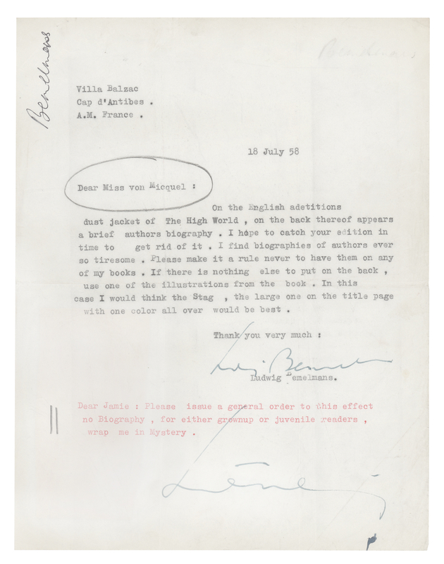 Lot 339 Ludwig Bemelmans Twice-Signed Typed Letter: 