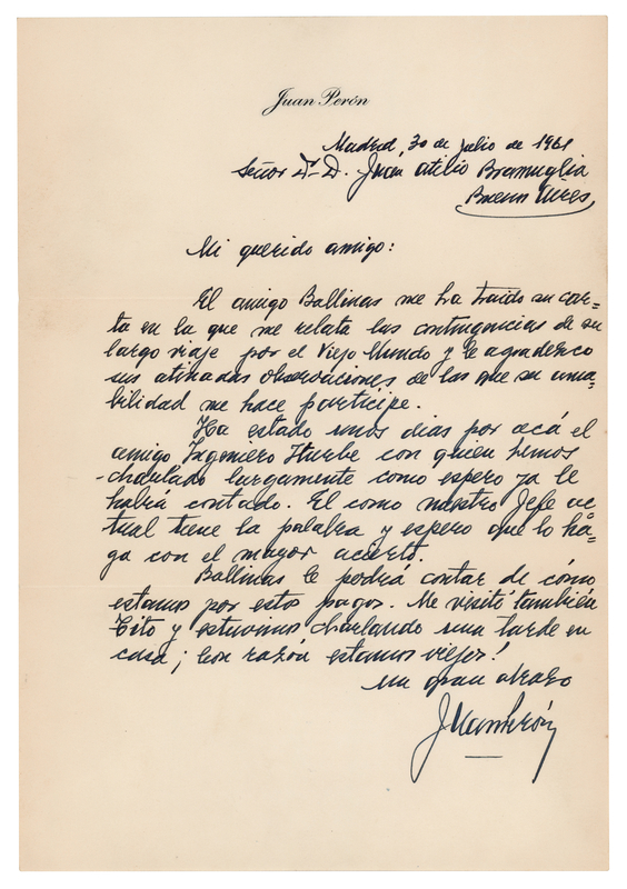 Lot 209 Juan Peron Autograph Letter Signed, Endorsing the Caretaker-Leader of the Peronist Movement