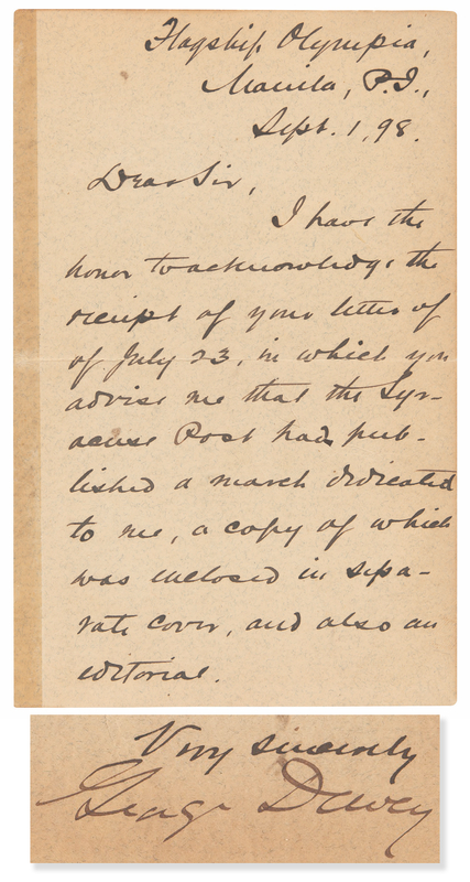 Lot 247 George Dewey Historic Letter Signed on ?Trying Times? and the 1898 Battles of Manila and Manila Bay -  ?From May 1 to Aug. 13, the least trying of which was the two engagements?