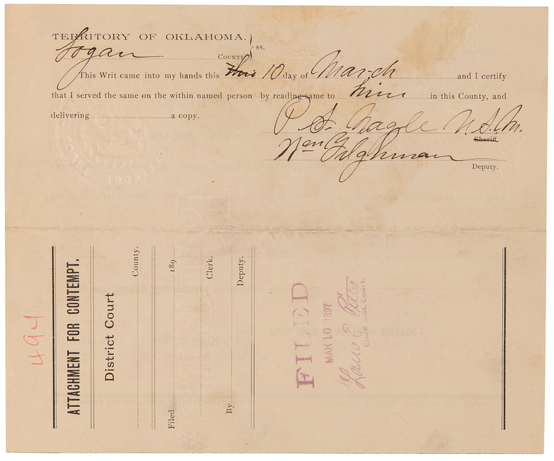 Lot 138 Bill Tilghman Signed 'Oklahoma Territory' Document (1897)