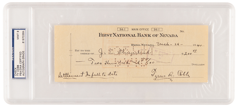 Lot 645 Ty Cobb Signed Check - PSA MINT 9