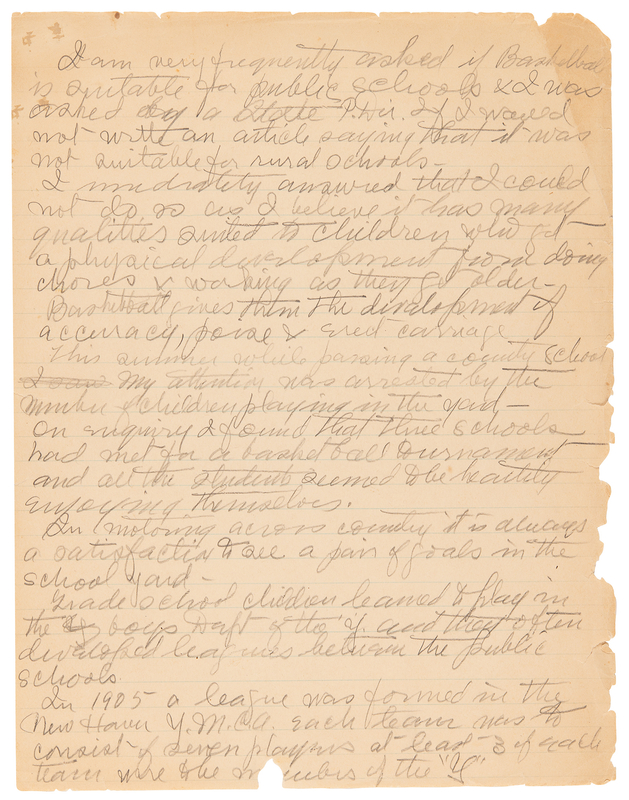 Lot 650 James Naismith Handwritten Notes on Youth Basketball in Rural Schools: 