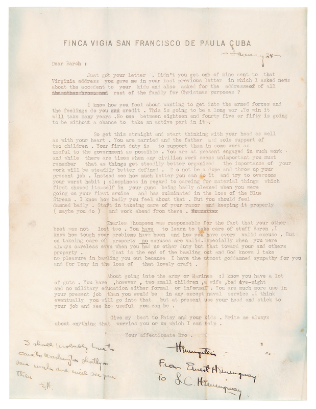 Lot 333 Ernest Hemingway Typed Letter Signed, Discouraging His Brother from Joining WWII: 