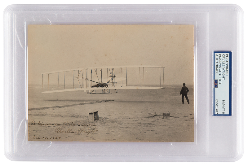 Lot 284 Orville Wright Signed ?First Flight? Photograph Presented to an Italian WWI Ace - PSA NM-MT 8
