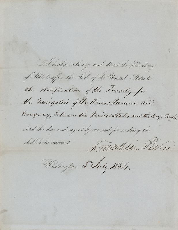 Lot 63 Franklin Pierce Document Signed as President, Ratifying a Treaty with Argentina for the Navigation of Rivers