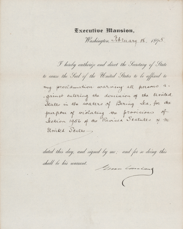 Lot 32 Grover Cleveland Document Signed as President, Warning Against Seal-Hunting in the Bering Sea
