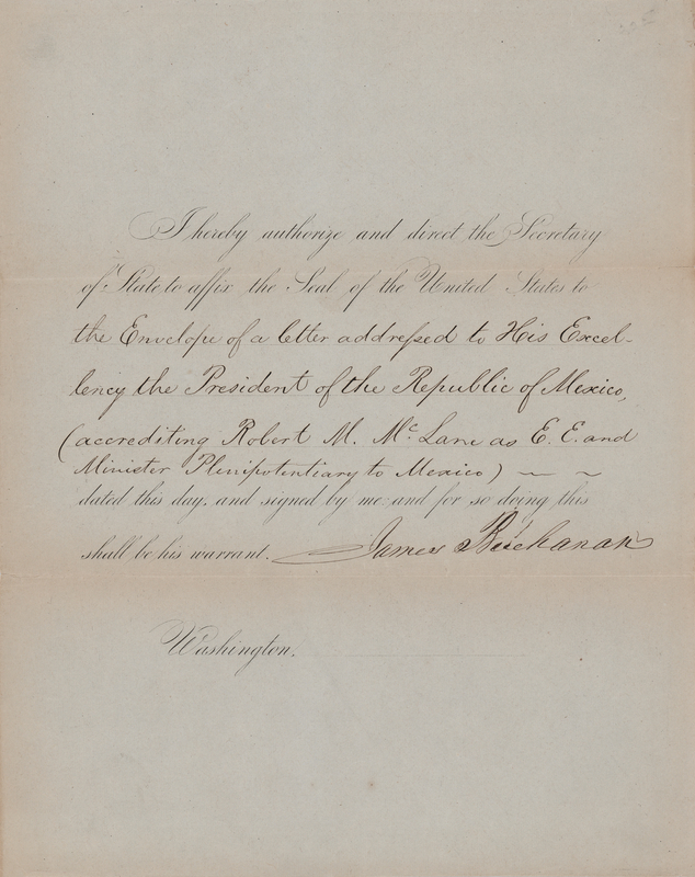 Lot 24 James Buchanan Document Signed as President to Inform Benito Juarez of the Appointment of a U.S. Minister to Mexico