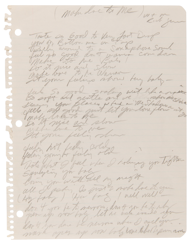 Lot 393 Rick James Original Handwritten Song Lyrics for 'Make Love to Me'
