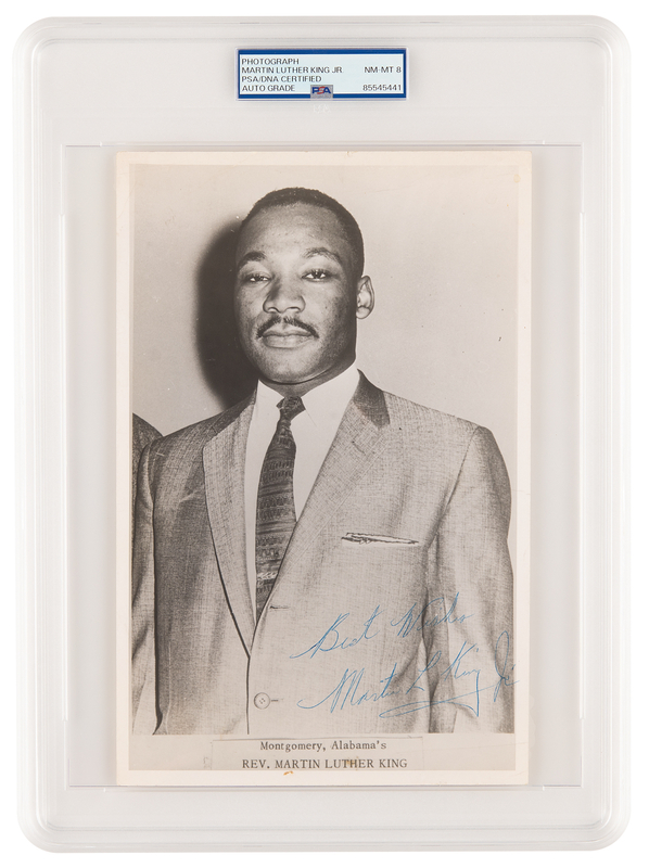 Lot 107 Martin Luther King, Jr. Signed Photograph - Handsome Portrait of 'Montgomery, Alabama?s Rev. Martin Luther King' (PSA NM-MT 8)