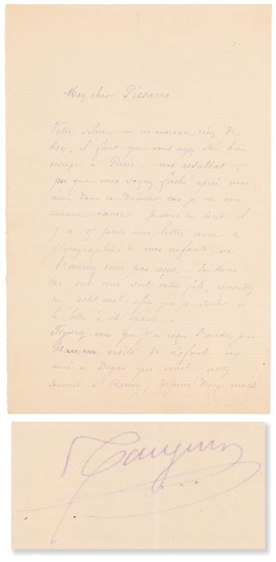 Lot 290 Paul Gauguin Autograph Letter Signed to Camille Pissarro, Mentioning Edgar Degas