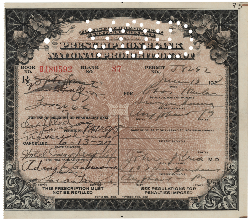 Lot 214 Prohibition: 1927 Liquor Prescription for Whiskey