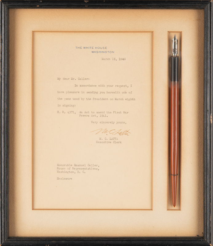 Lot 17 Harry S. Truman Bill Signing Pen - 'An Act to Amend the First War Powers Act, 1941'