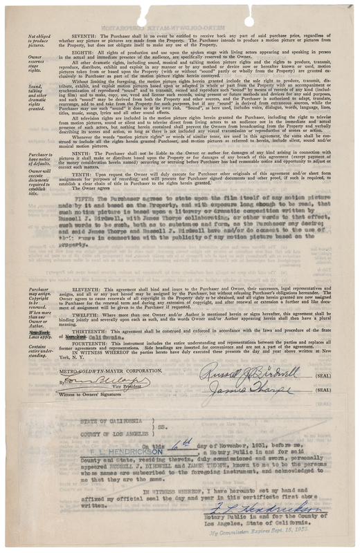 Lot 659 Jim Thorpe Document Signed, Selling Autobiographical Motion Picture Rights to MGM