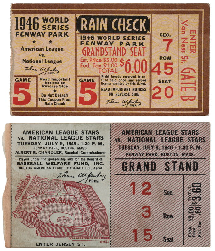 Lot 705 Fenway Park: 1946 All-Star Game and World Series Ticket Stubs (2)