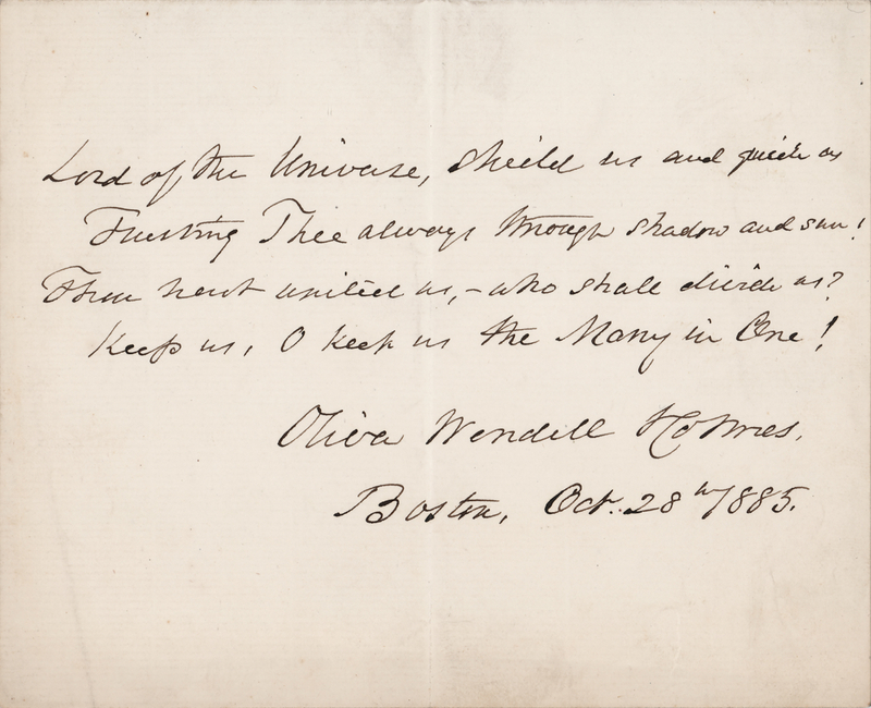 Lot 352 Oliver Wendell Holmes, Sr. Autograph Quotation Signed - Handwritten Section from the Wartime Poem 'Union and Liberty'
