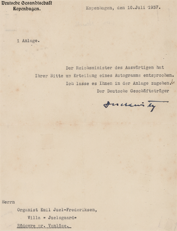 Lot 159 Georg Ferdinand Duckwitz Typed Letter Signed - The Savior of Danish Jews in WWII