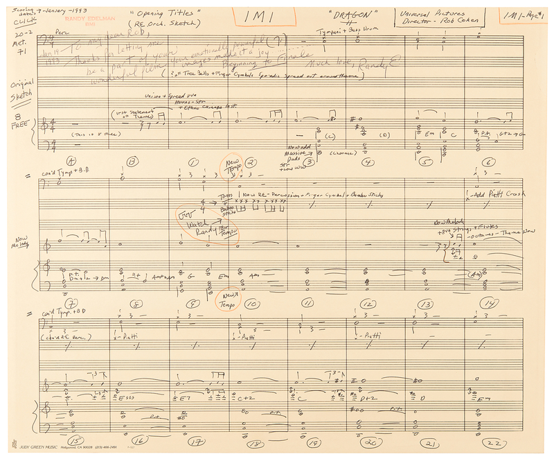 Lot 523 Randy Edelman Autograph Musical Manuscript Signed for Dragonheart