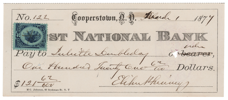 Lot 755 Elihu Phinney Signed 'Cooperstown' Check