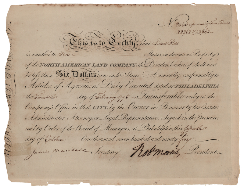Lot 202 Robert Morris Document Signed to His Confidential Clerk, James Rees