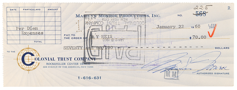 Lot 466 Marilyn Monroe Signed Check to Her Personal Secretary