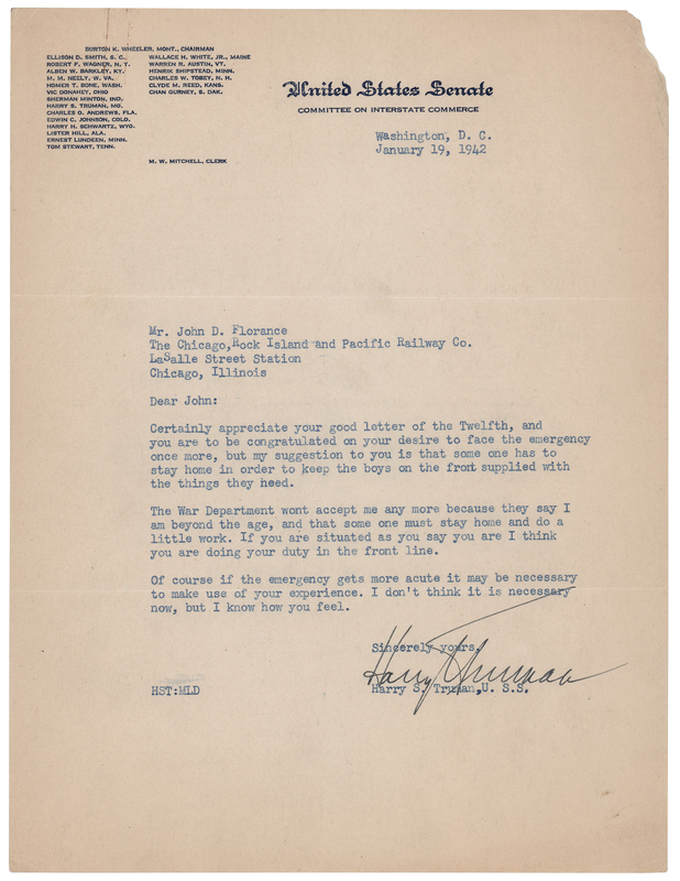 Lot 81 Harry S. Truman World War II-Dated Typed Letter Signed: 