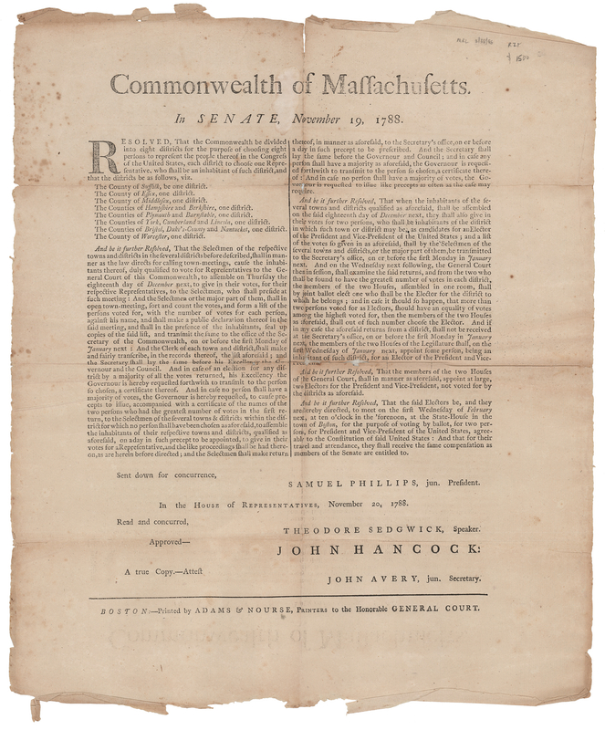 Lot 96 John Hancock Broadside for the Selection of Massachusetts' Electors in the First Presidential Election