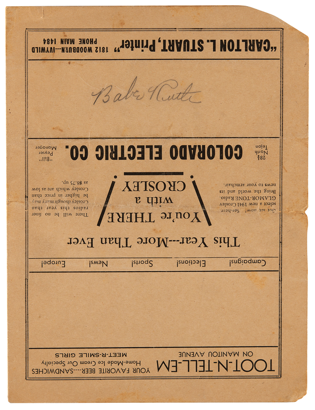 Lot 657 Babe Ruth Signed Scorecard - Colorado Springs, July 4, 1940