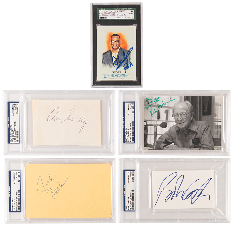 Lot 767 Sports Broadcasters (5) Autographs with Jack Buck, Vin Scully, and Stuart Scott