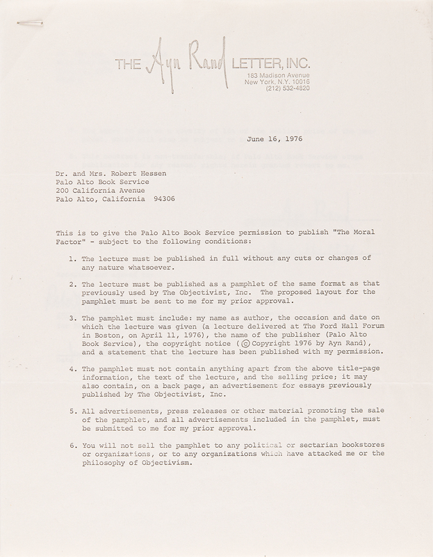 Lot 336 Ayn Rand Document Signed - Agreement for the Publication of Her 1976 Lecture 'The Moral Factor'