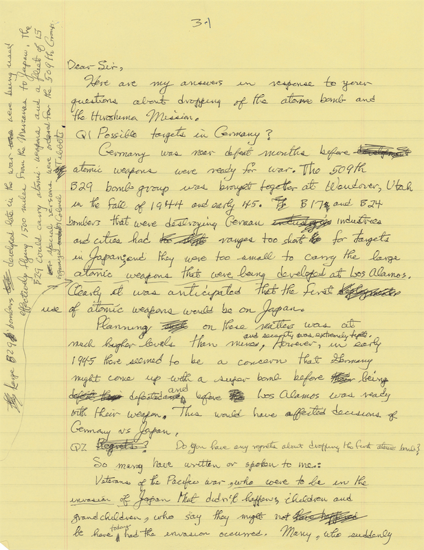 Lot 259 Enola Gay: Morris Jeppson Autograph Letter Signed on the Hiroshima Mission